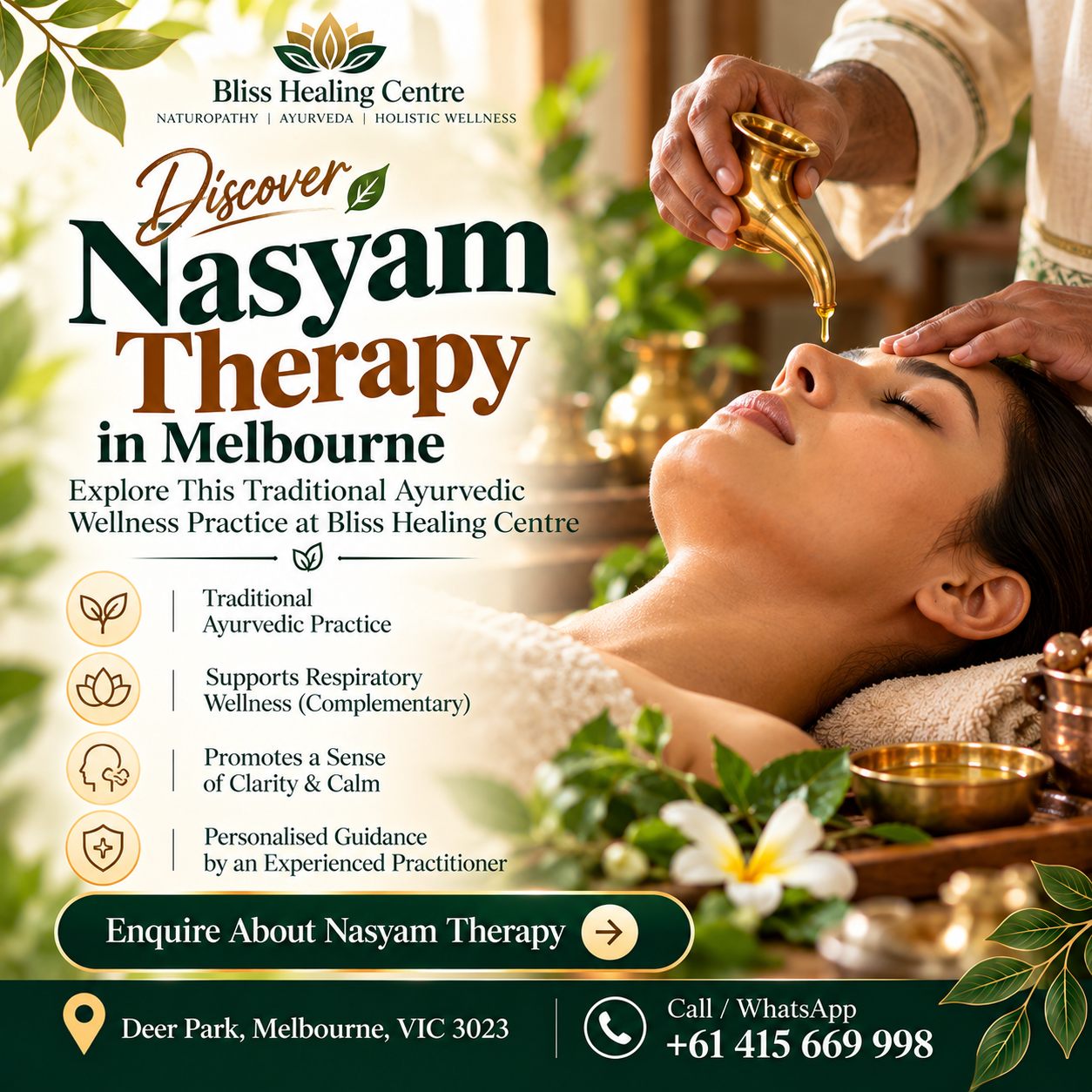 Nasyam in Ayurveda: Explore Traditional Nasal Therapy at Bliss Healing Centre in Deer Park, Melbourne