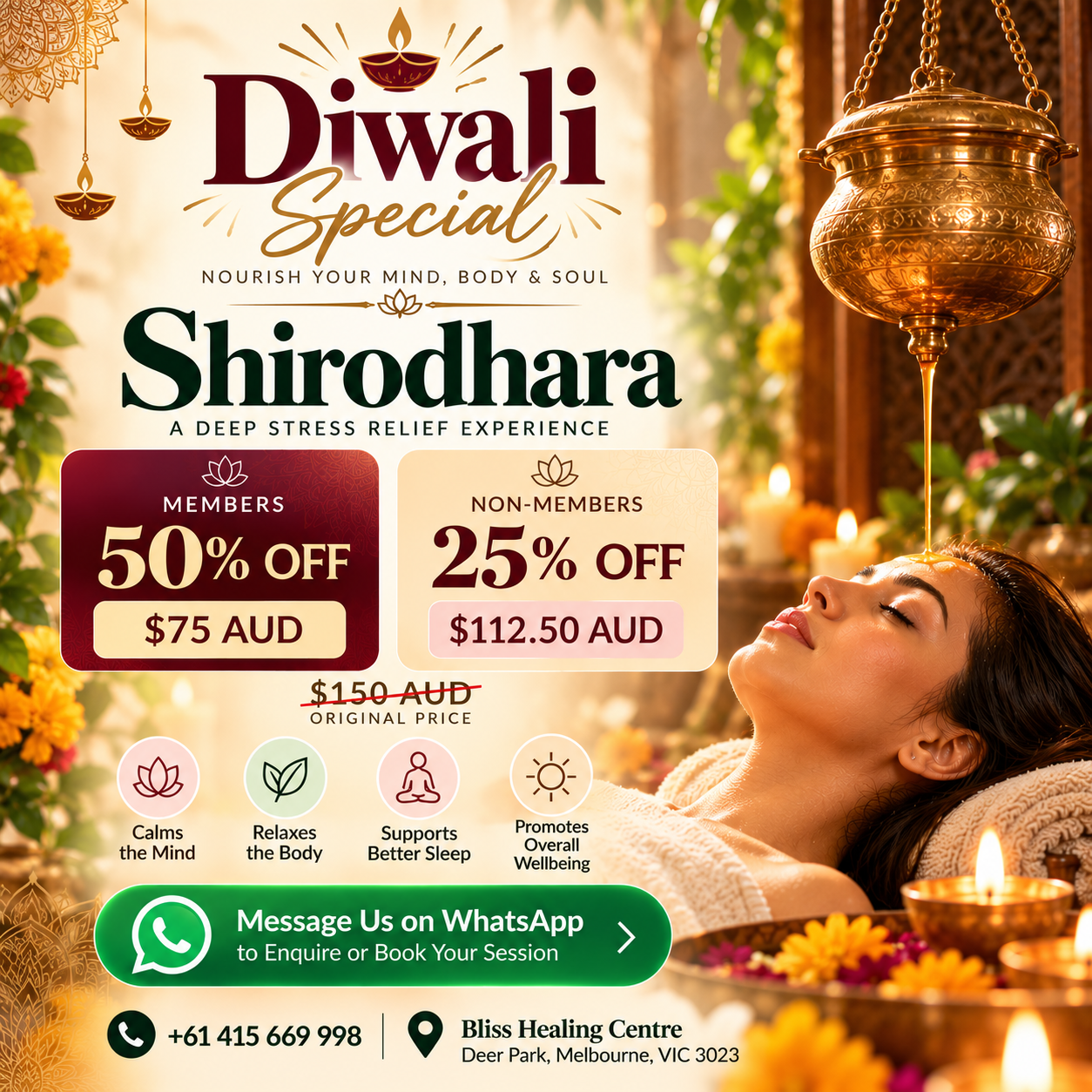 Diwali Shirodhara Offer in Melbourne: Get 50% Off for Members and 25% Off for Non-Members